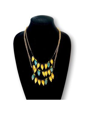 COLDWATER CREEK Layered Gold Teal Leaf & Semi-precious Stone Long Neckla…